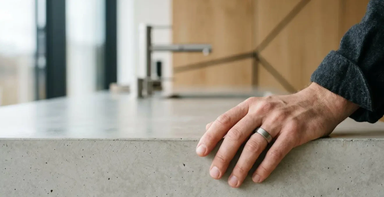 Main masculine portant une alliance moderne et discrète dans un environnement épuré