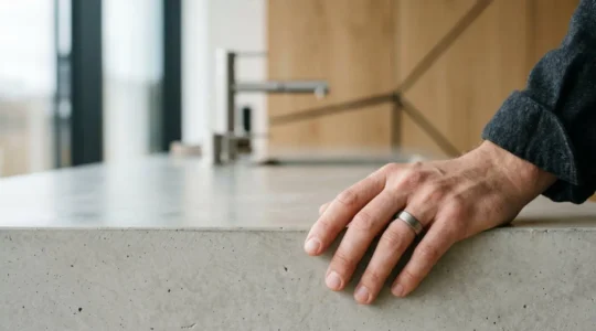 Main masculine portant une alliance moderne et discrète dans un environnement épuré