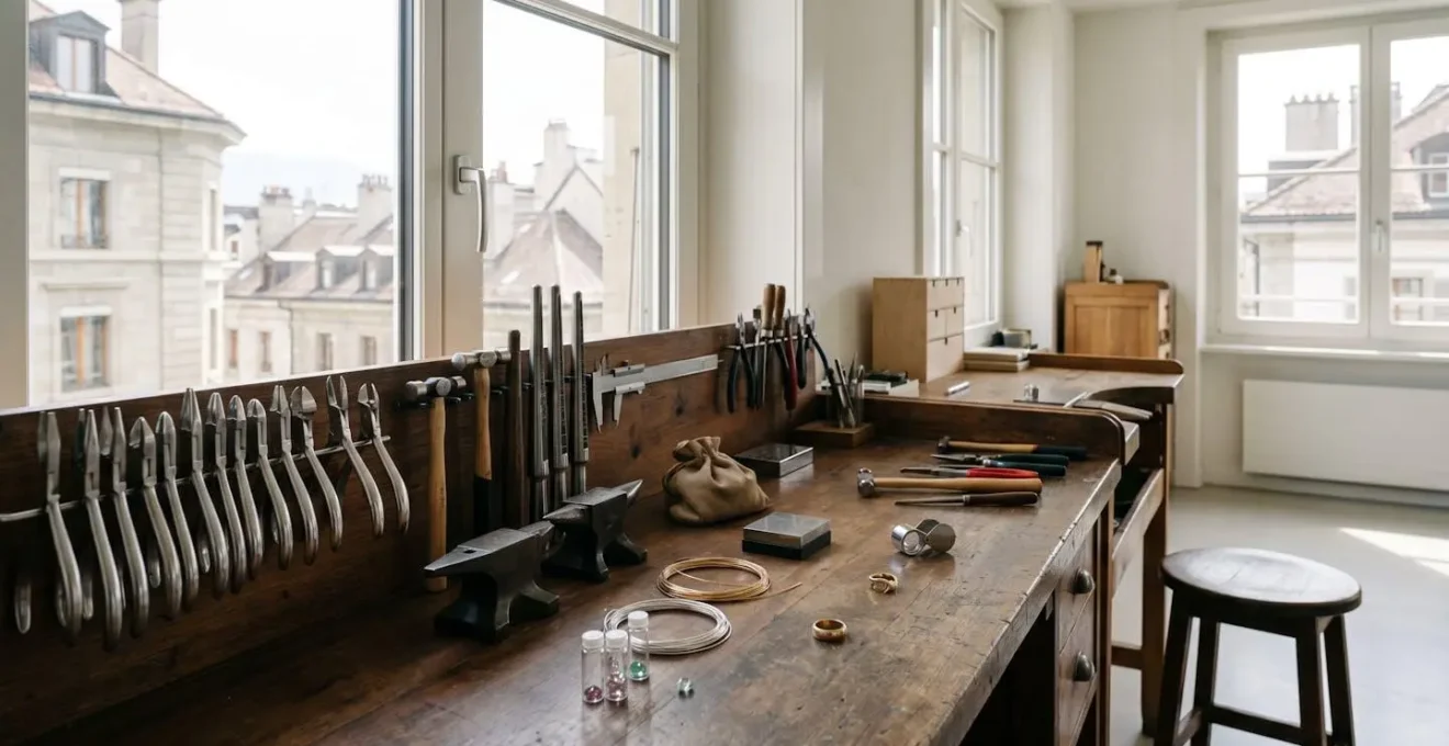 Établi d'artisan joaillier avec outils de précision et métaux précieux dans un atelier lumineux genevois