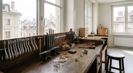 Établi d'artisan joaillier avec outils de précision et métaux précieux dans un atelier lumineux genevois