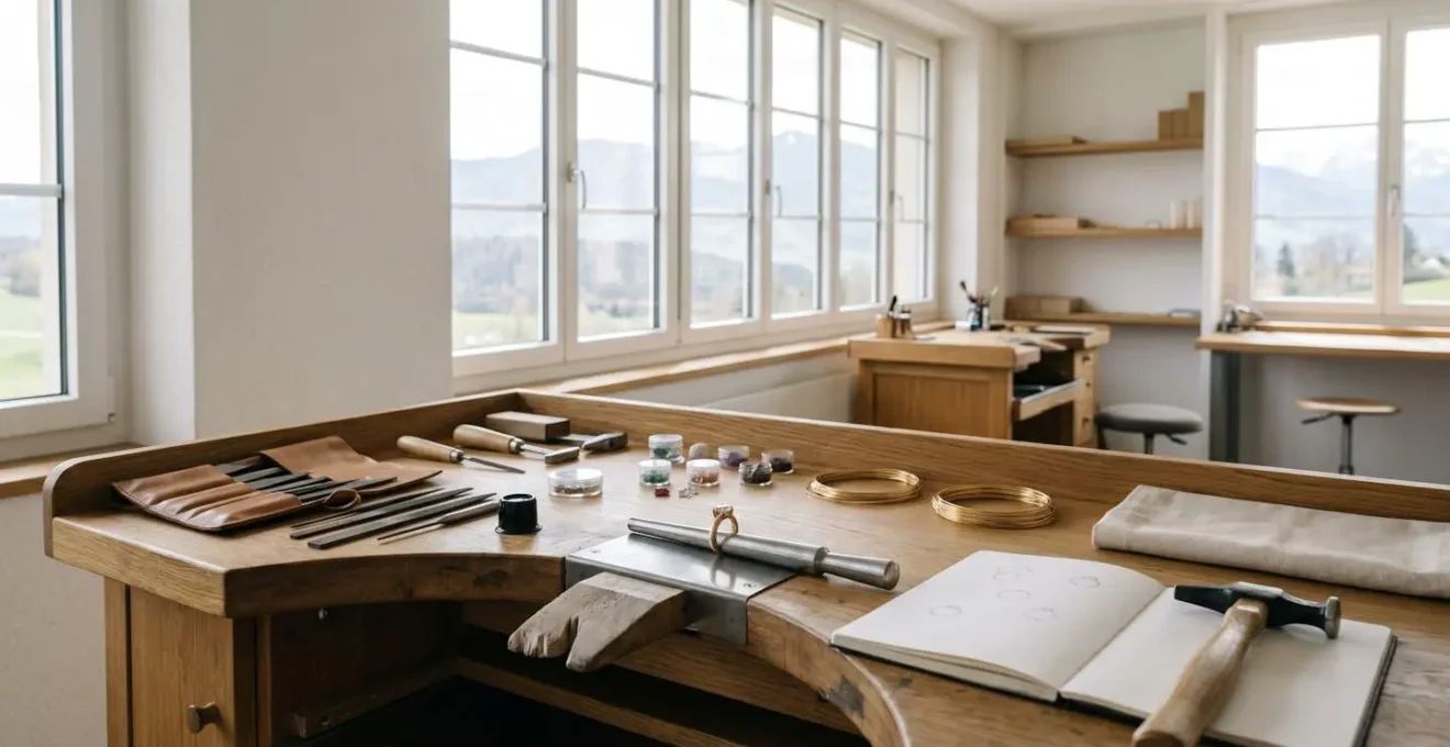 Atelier de bijouterie artisanale suisse avec établis et outils de précision dans une lumière naturelle douce