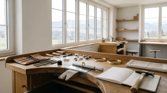 Atelier de bijouterie artisanale suisse avec établis et outils de précision dans une lumière naturelle douce