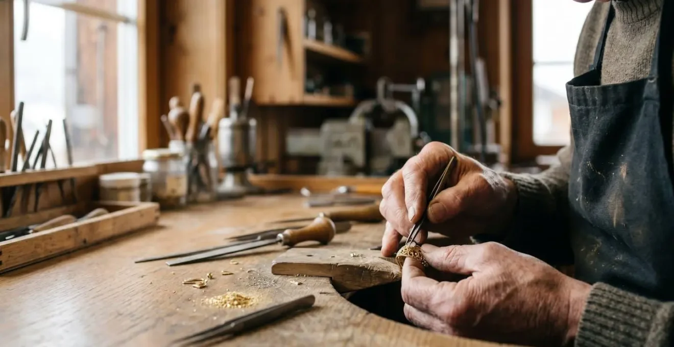 Artisan bijoutier suisse travaillant sur une pièce unique dans son atelier traditionnel