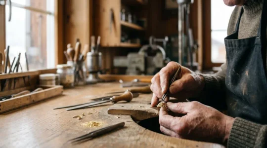 Artisan bijoutier suisse travaillant sur une pièce unique dans son atelier traditionnel