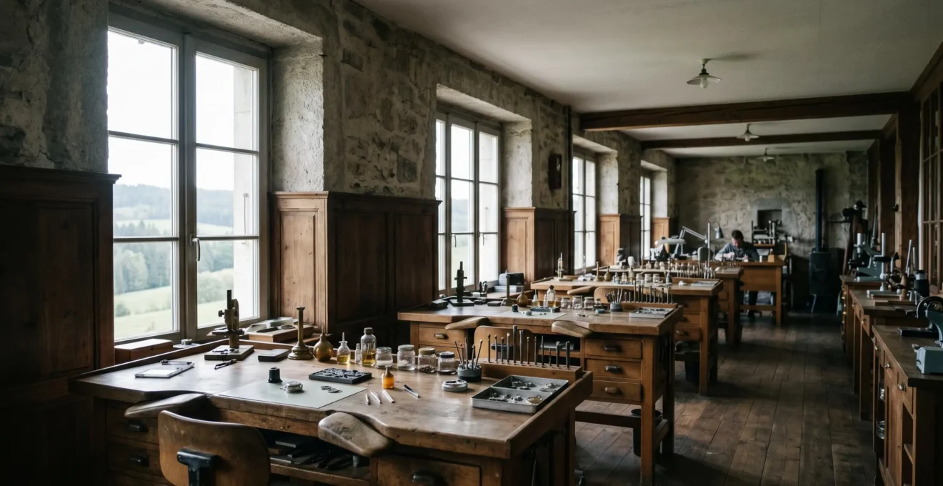 Atelier de manufacture horlogere authentique dans le Jura suisse avec etablis et outils de precision