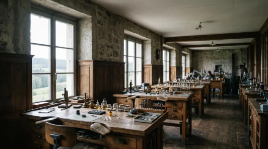 Atelier de manufacture horlogere authentique dans le Jura suisse avec etablis et outils de precision