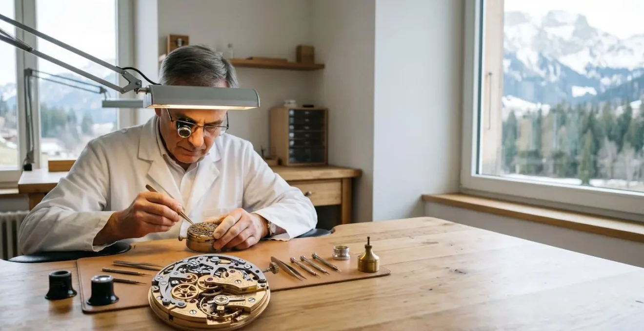 Atelier d'horlogerie de luxe suisse avec horloger travaillant sur un mouvement de montre de haute précision