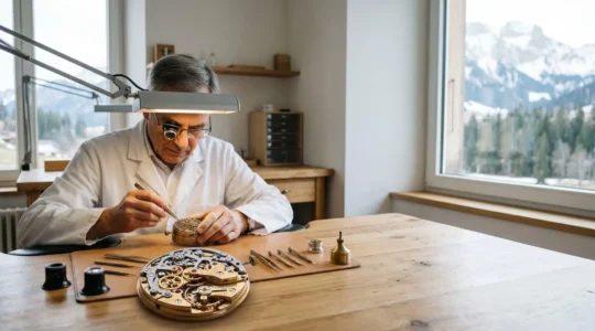 Atelier d'horlogerie de luxe suisse avec horloger travaillant sur un mouvement de montre de haute précision