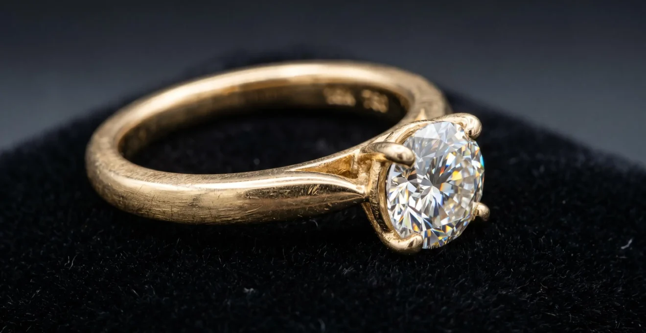 Bague de fiançailles en or avec diamant sur fond épuré, ambiance joaillerie suisse haut de gamme
