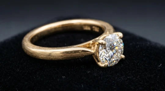 Bague de fiançailles en or avec diamant sur fond épuré, ambiance joaillerie suisse haut de gamme