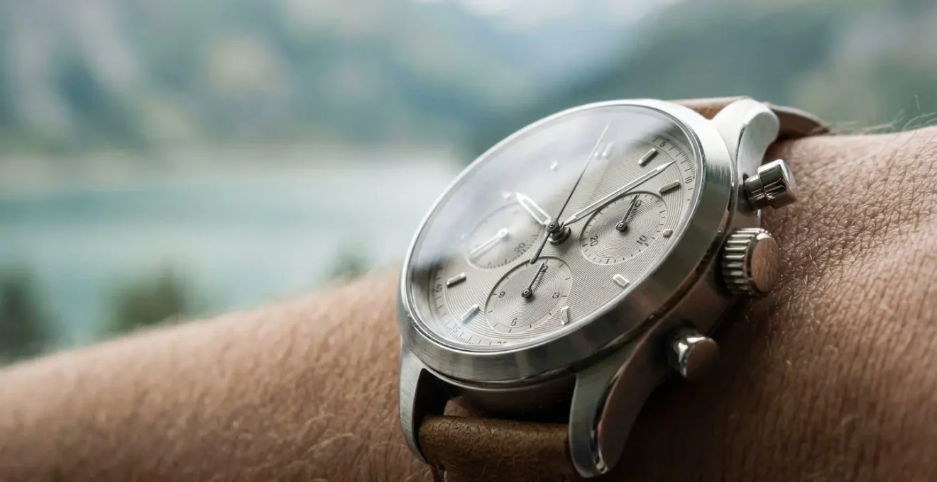 Chronographe mécanique suisse au poignet, détail des poussoirs et compteurs