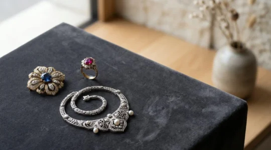 Collection de bijoux d'exception signés exposés dans un écrin luxueux, évoquant l'art de la collection en Suisse