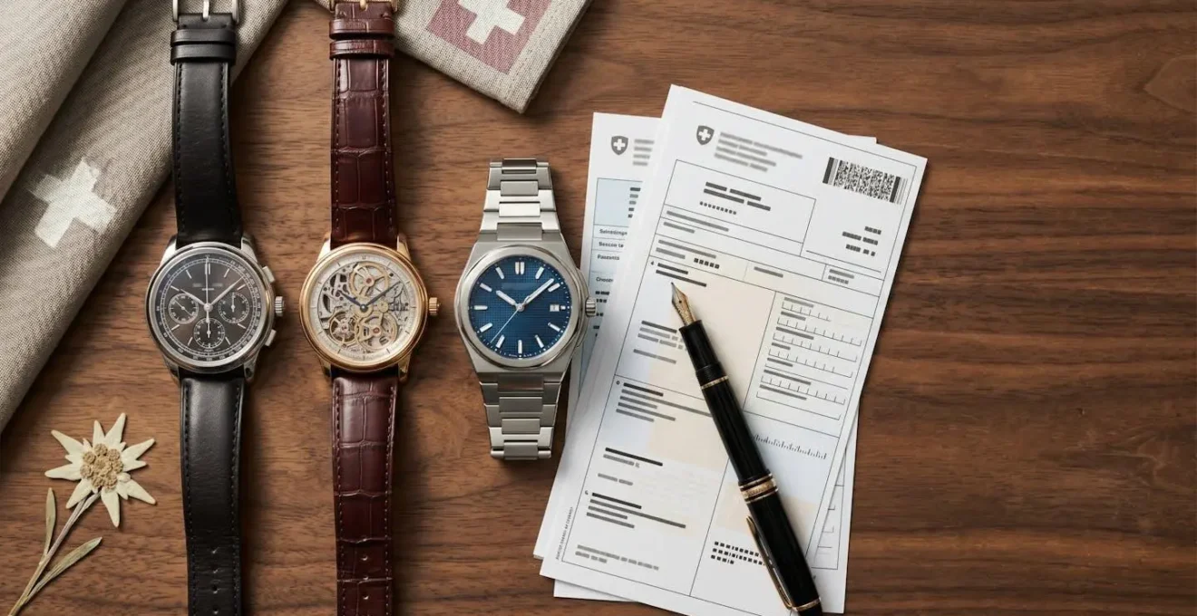 Collection de montres de luxe suisses avec documents fiscaux et calculatrice dans un environnement de bureau feutré