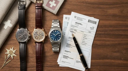 Collection de montres de luxe suisses avec documents fiscaux et calculatrice dans un environnement de bureau feutré