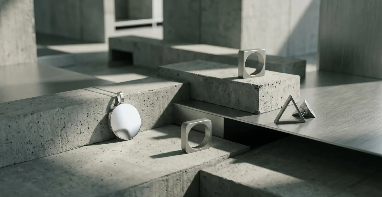 Composition architecturale et minimaliste évoquant l'héritage du Bauhaus et du design suisse dans la bijouterie contemporaine