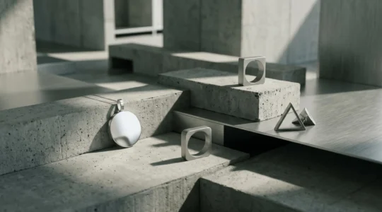 Composition architecturale et minimaliste évoquant l'héritage du Bauhaus et du design suisse dans la bijouterie contemporaine