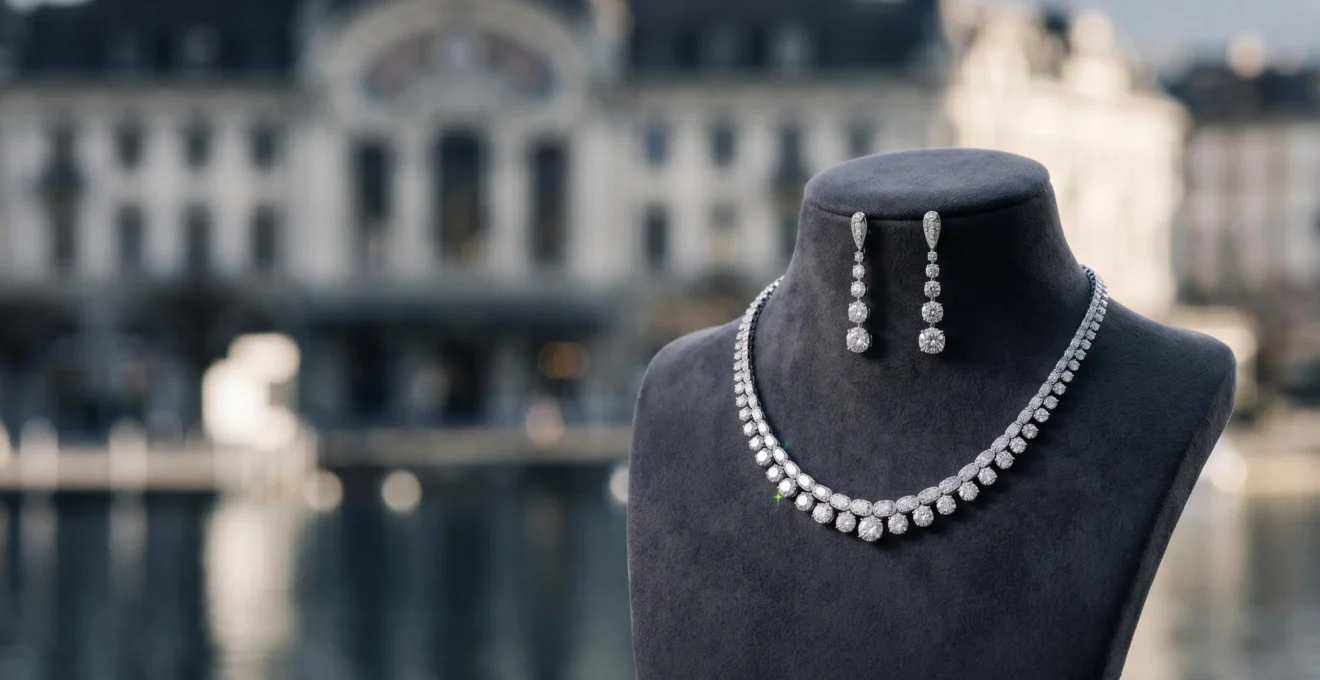 Parure de haute joaillerie avec collier et boucles d'oreilles en diamants sur fond épuré et luxueux