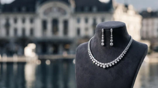 Parure de haute joaillerie avec collier et boucles d'oreilles en diamants sur fond épuré et luxueux