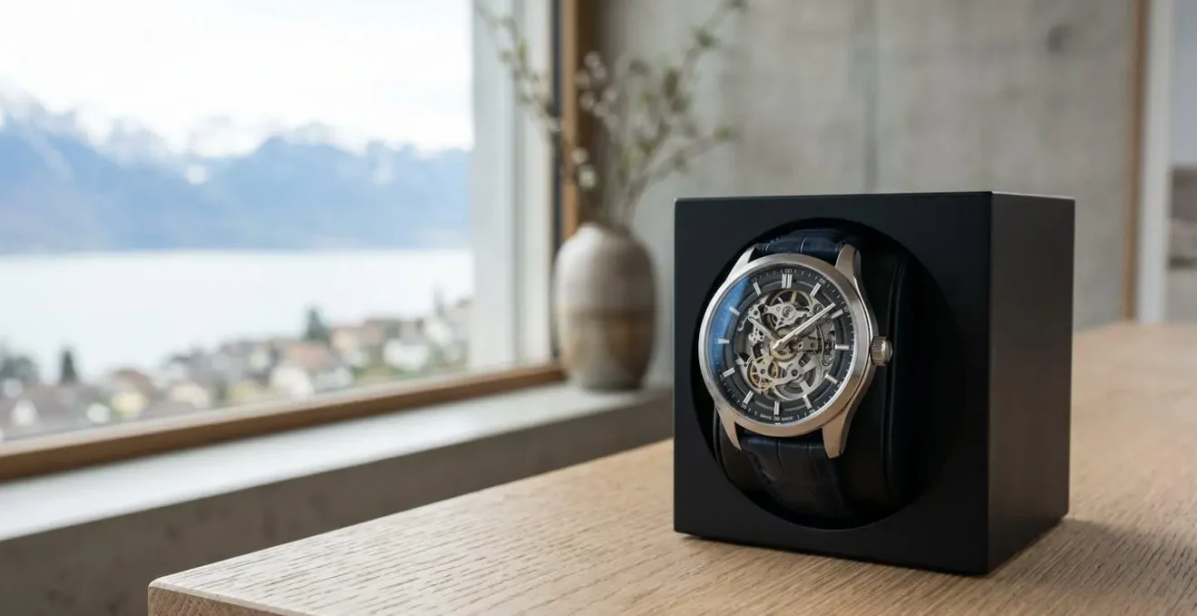 Montre automatique suisse de luxe posée sur son remontoir automatique dans un environnement élégant
