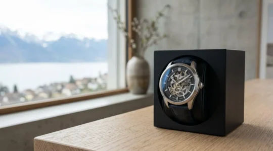 Montre automatique suisse de luxe posée sur son remontoir automatique dans un environnement élégant
