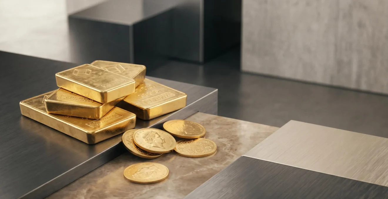 Lingots d'or suisse avec Vreneli disposés dans un environnement épuré symbolisant la protection du patrimoine face à l'évolution du franc suisse