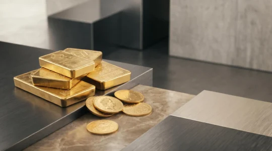 Lingots d'or suisse avec Vreneli disposés dans un environnement épuré symbolisant la protection du patrimoine face à l'évolution du franc suisse