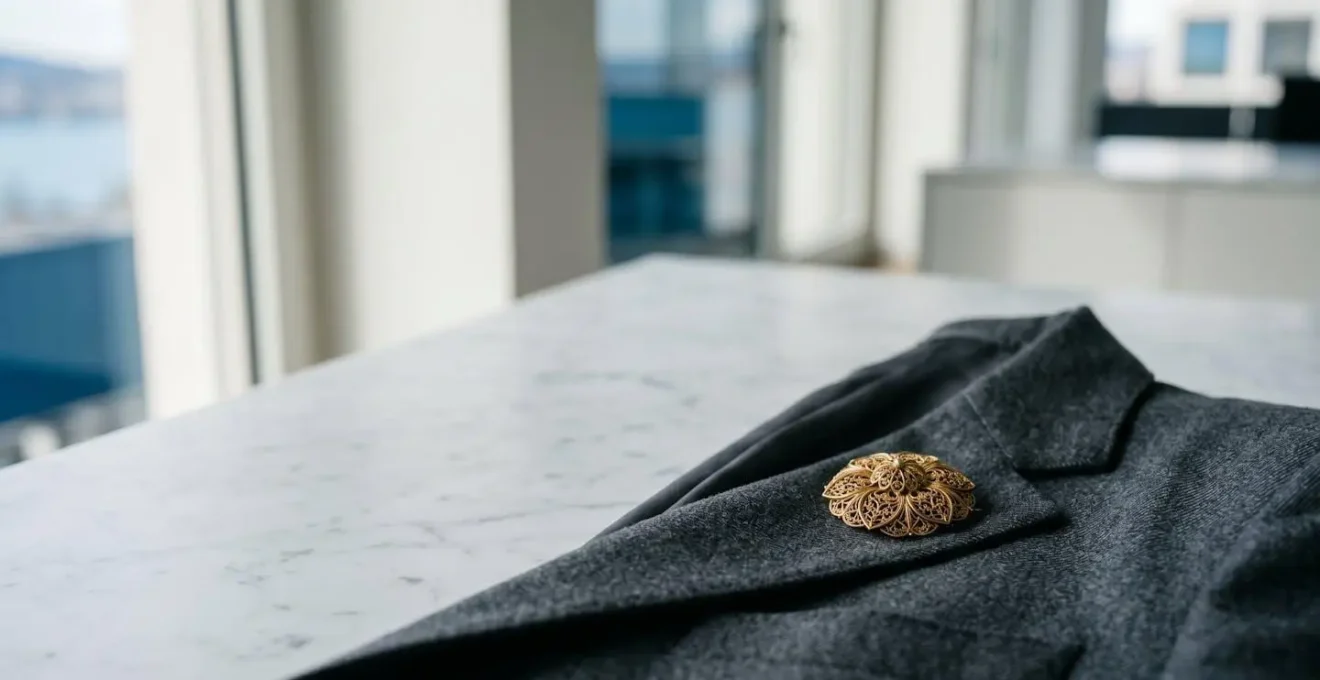 Détail d'une broche vintage en or posée sur un blazer moderne dans un environnement professionnel épuré