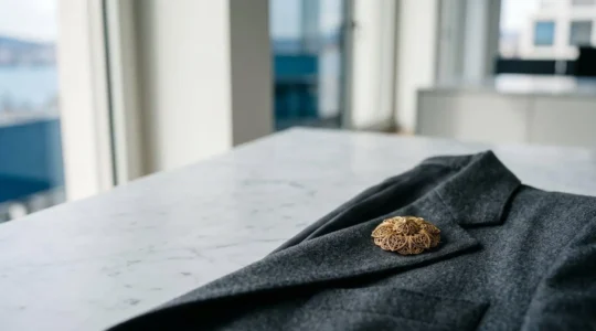 Détail d'une broche vintage en or posée sur un blazer moderne dans un environnement professionnel épuré
