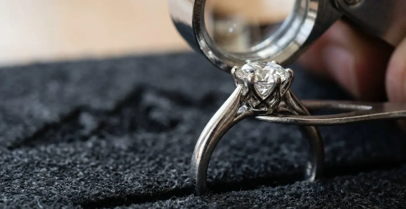 Vue rapprochée d'une bague en diamant sertie avec précision sur fond épuré mettant en valeur le travail de sertissage