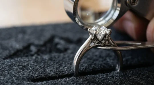 Vue rapprochée d'une bague en diamant sertie avec précision sur fond épuré mettant en valeur le travail de sertissage