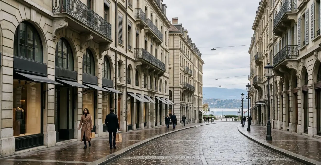 Vue élégante d'une rue commerçante de luxe genevoise avec architecture traditionnelle et atmosphère exclusive