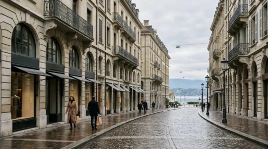 Vue élégante d'une rue commerçante de luxe genevoise avec architecture traditionnelle et atmosphère exclusive