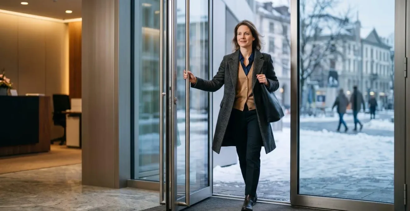 Personne élégante dans un environnement urbain hivernal suisse gérant les transitions entre intérieur chauffé et extérieur froid