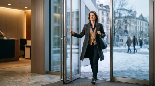 Personne élégante dans un environnement urbain hivernal suisse gérant les transitions entre intérieur chauffé et extérieur froid