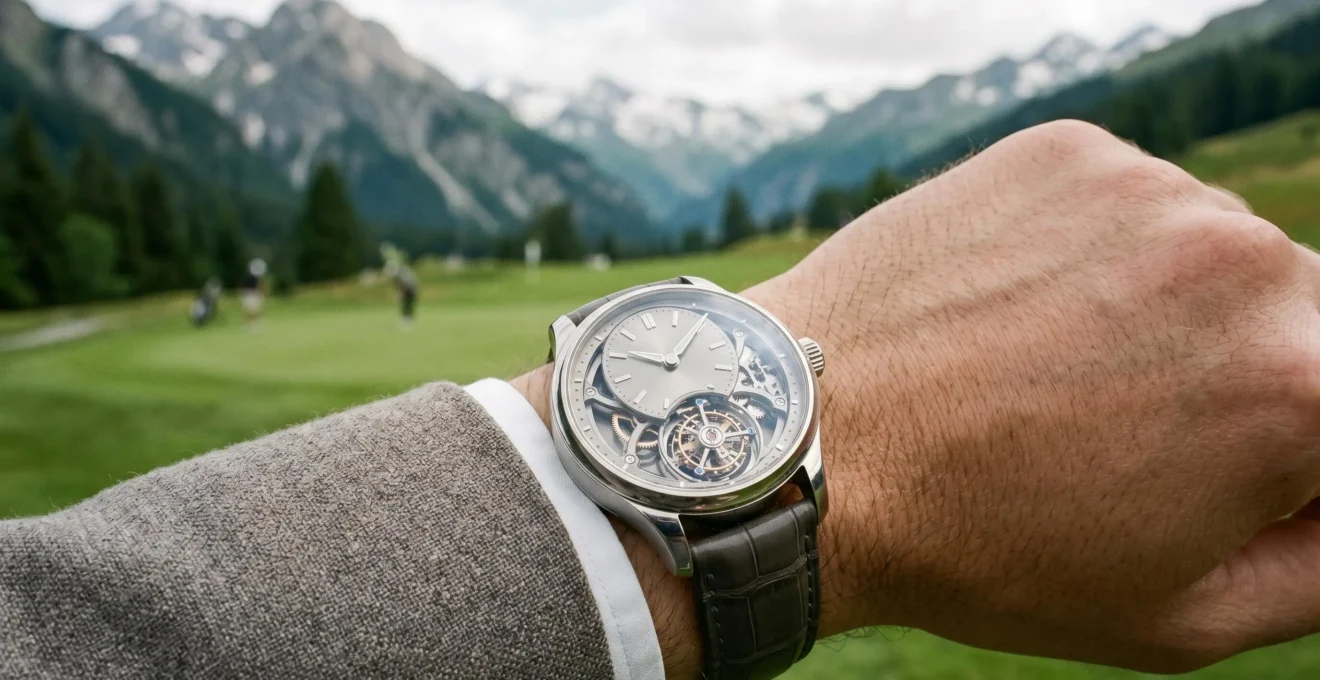 Gros plan d'une montre de luxe à tourbillon visible au poignet avec arrière-plan flou évoquant un terrain de golf