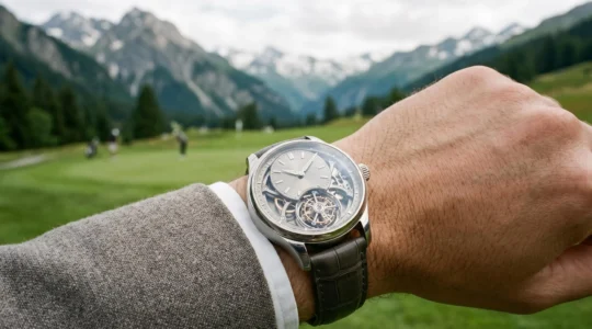 Gros plan d'une montre de luxe à tourbillon visible au poignet avec arrière-plan flou évoquant un terrain de golf