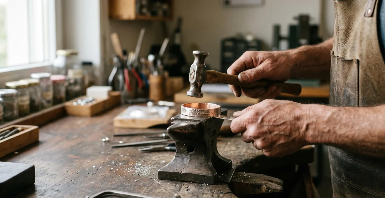 Gros plan sur les mains d'un artisan bijoutier travaillant un métal précieux avec marteau et traces visibles