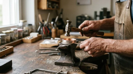 Gros plan sur les mains d'un artisan bijoutier travaillant un métal précieux avec marteau et traces visibles