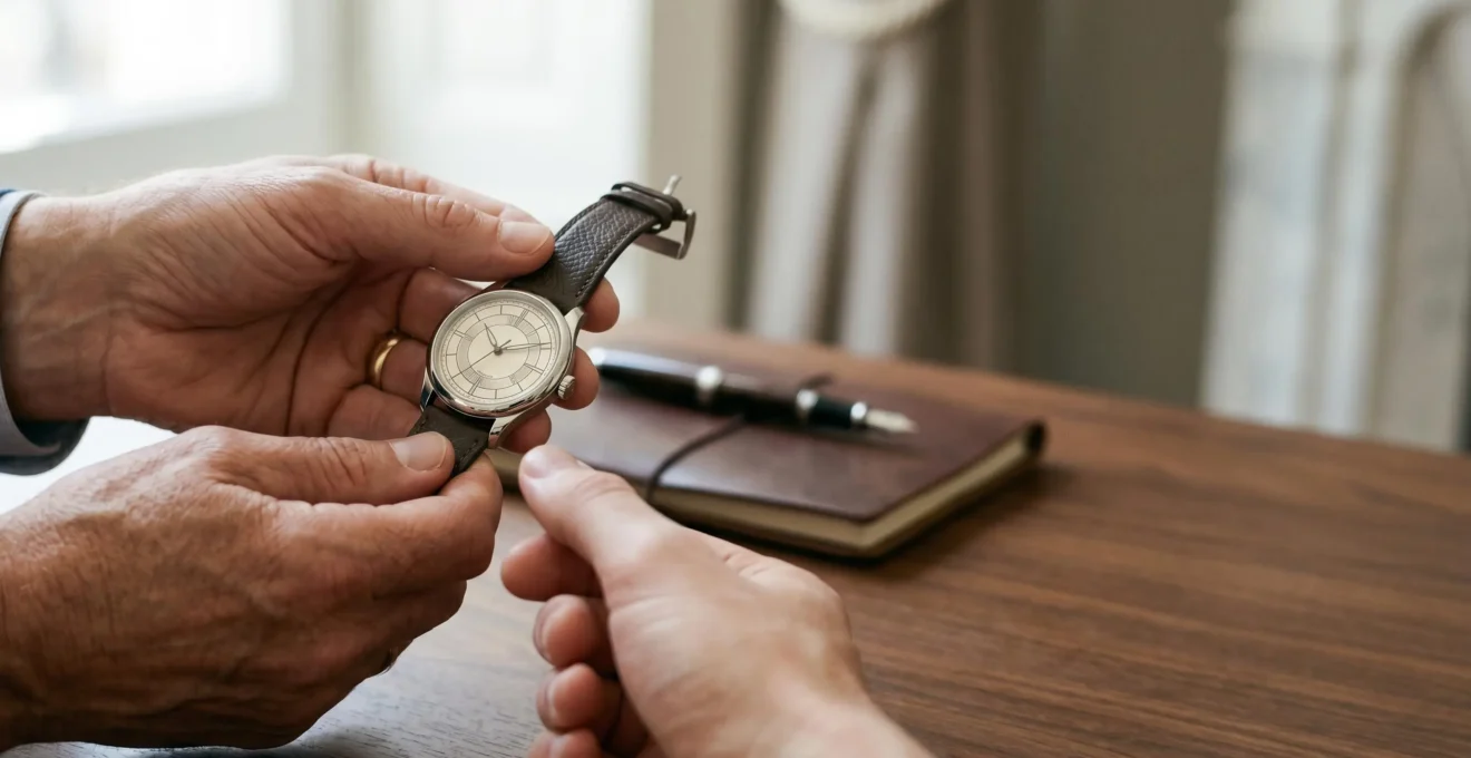 Transmission d'une montre de luxe entre générations dans un cadre genevois élégant