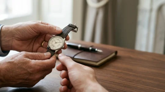 Transmission d'une montre de luxe entre générations dans un cadre genevois élégant