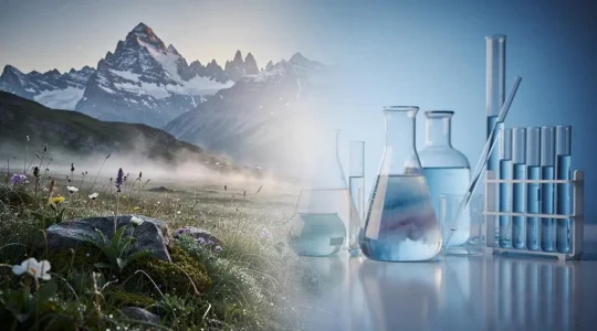 Composition symbolique mêlant un paysage alpin suisse et des éléments de précision scientifique, illustrant l'excellence de la cosmétique cellulaire suisse