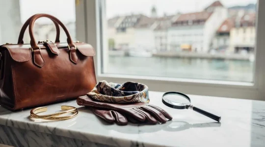Collection de bijoux et accessoires vintage de luxe disposes avec soin dans une boutique elegante a Geneve, evoquant l'authenticite et le raffinement