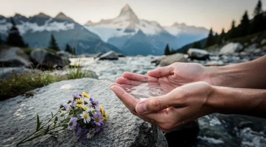 Mains effleurant une eau glaciaire pure entourée de plantes alpines dans un paysage suisse