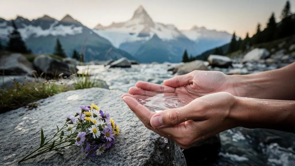 Mains effleurant une eau glaciaire pure entourée de plantes alpines dans un paysage suisse
