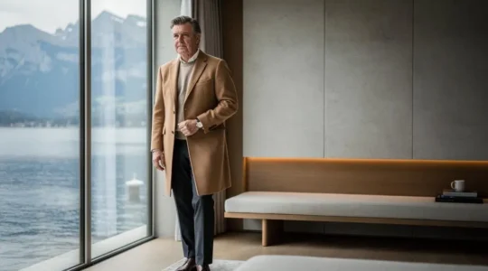 Silhouette élégante en cachemire sobre dans un intérieur suisse épuré, incarnant le luxe discret sans logo visible
