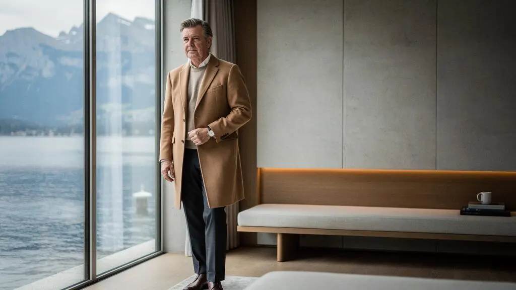 Silhouette élégante en cachemire sobre dans un intérieur suisse épuré, incarnant le luxe discret sans logo visible