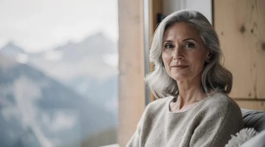 Portrait editorial d'une femme mure au teint lumineux, incarnant un vieillissement cutane serein et elegant dans un cadre suisse epure