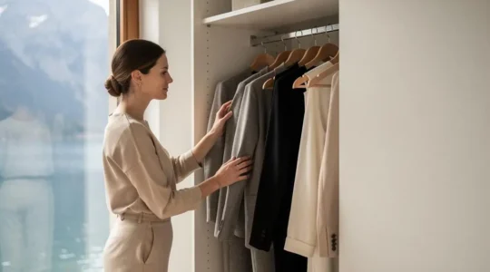 Femme choisissant sereinement une tenue minimaliste dans un dressing épuré avec vue sur un paysage suisse