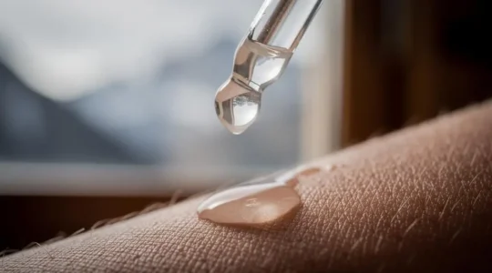 Goutte de sérum anti-âge suspendue dans une lumière alpine évoquant la précision suisse au service de la peau