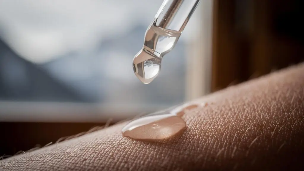 Goutte de sérum anti-âge suspendue dans une lumière alpine évoquant la précision suisse au service de la peau